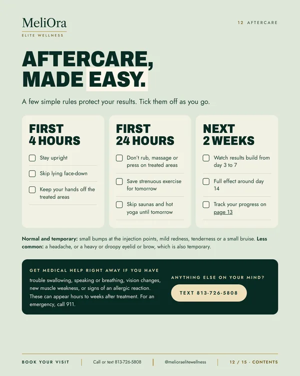 Guide page with aftercare checklists for the first 4 hours, 24 hours and 2 weeks